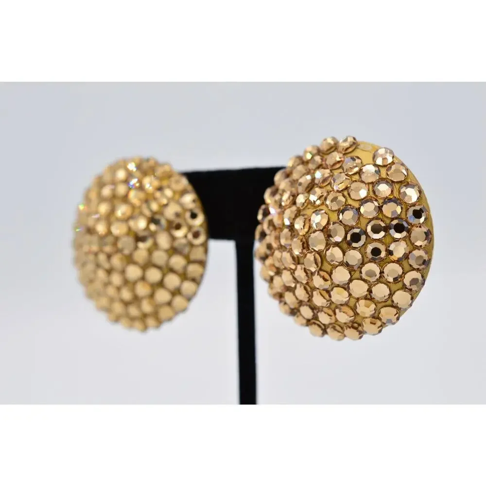 Vintage Crystal Clip Earrings Sparkling Brown Rhinestone Round Chunky 1980s 9L